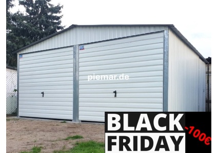 Blechgarage mit Satteldach, 2x Schwingtor (Horizontalpanel 1S), Kondensvlies ( Wände und Dach), in Farbe