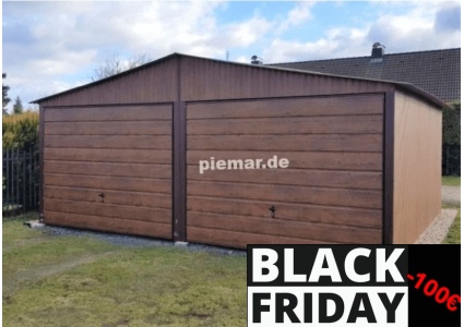 Blechgarage mit Satteldach, 2x Schwingtor (Horizontalpanel 2S), in Holzdekofarbe 