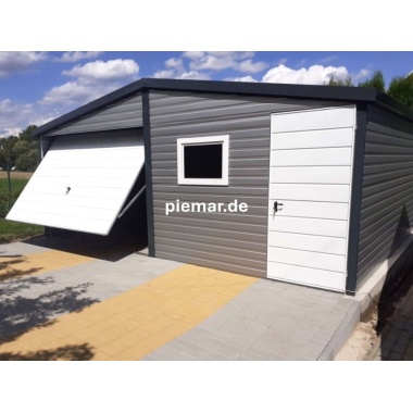 blechgarage-garage-halle-satteldach-schwingtor-horizontalpanel-farbe-tuer-fenster-attika-dachblende-kantenschutz-konstruktion-aus-verzinkten-vierkantprofilen-bleche-horizontal-vernietet-dachblech-ziegeloptik_3