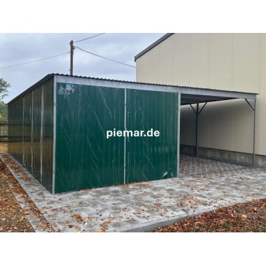 blechgarage-mit-carport-doppelflugeltor-in-farbe-ral6005-und-konstruktion-aus-verzinkten-vierkantprofilen_2