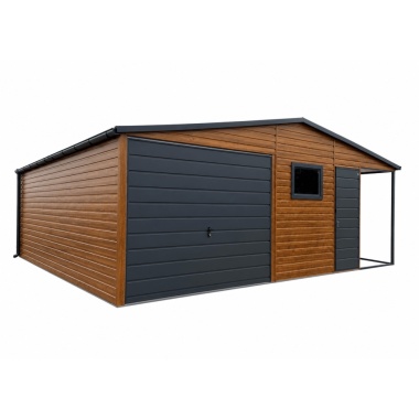 blechgarage-mit-carport-satteldach-schwingtor-tuer-fenster-holzoptik-dachrinne-attika-dachblende-kantenschutz-konstruktion-aus-verzinkten-vierkantprofilen-bleche-horizontal-vernietet-5