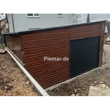 Garage mit einer Dachneigung nach links, 1x Sektionaltor, 2x Fenster, 1x Tür, Dachrinne, Attika, Kantenschutz, Holzoptik, Bleche horizontal verniete garage-mit-einer-dachneigung-nach-links-sektionaltor-fenster-tuer-dachrinne-attika-kantenschutz-holzoptik-bleche-horizontal-verniete_1